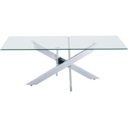 Mesa de Centro con Tapa de Cristal Templado de 8 mm y Patas Metálicas Cruzadas en Acabado Crema -  Medidas 110x55x45 cm