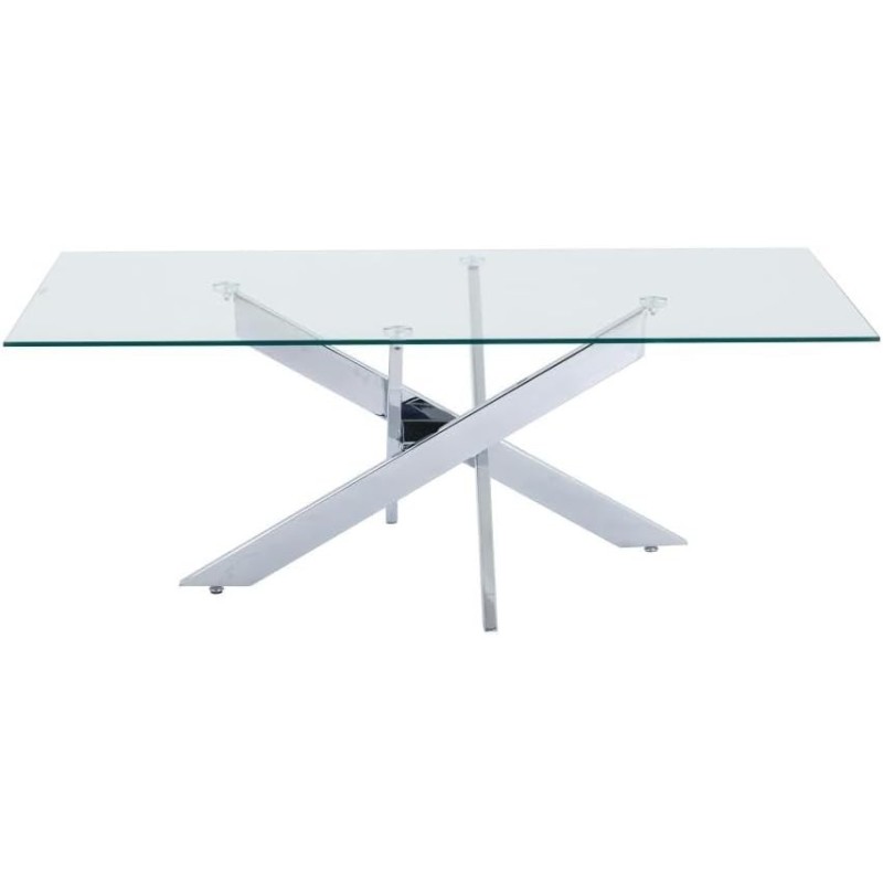 Mesa de Centro con Tapa de Cristal Templado de 8 mm y Patas Metálicas Cruzadas en Acabado Crema -  Medidas 110x55x45 cm