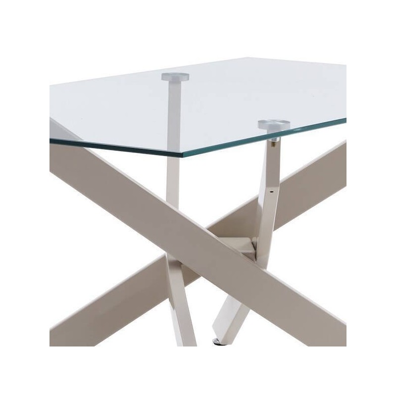 Mesa de Centro con Tapa de Cristal Templado de 8 mm y Patas Metálicas Cruzadas en Acabado Crema -  Medidas 110x55x45 cm