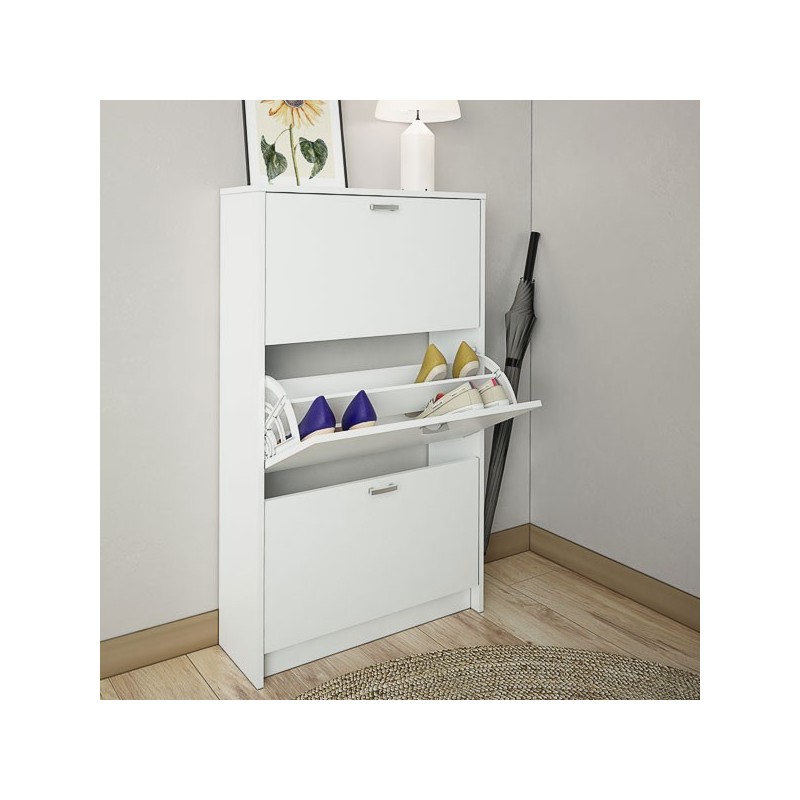 Zapatero Compacto Blanco – Mueble con 3 Puertas y Doble Profundidad | MDF con Acabado Melamina | 70 x 25 x 120 cm