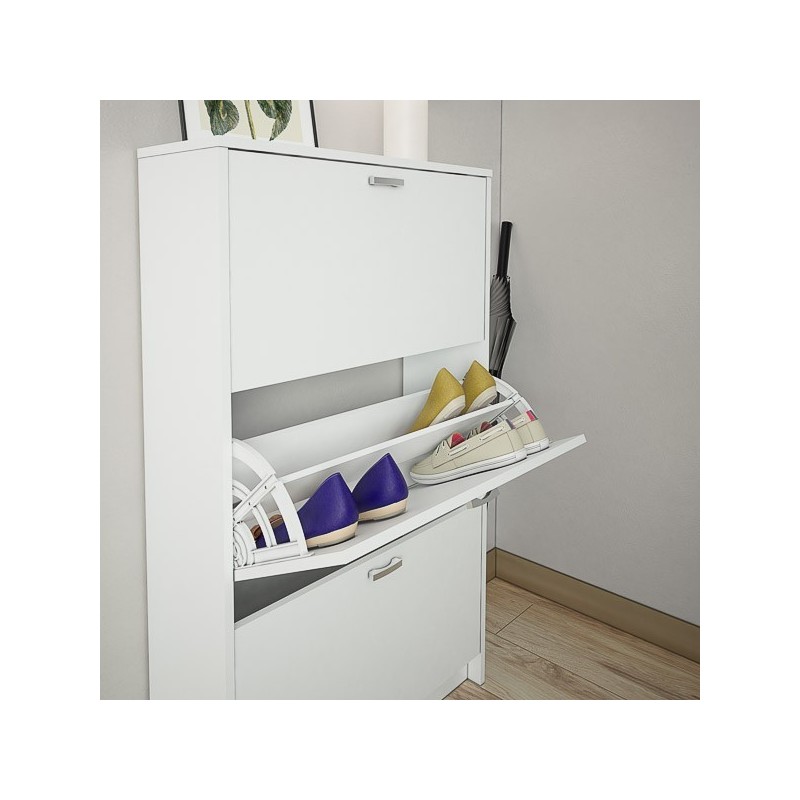 Zapatero Compacto Blanco – Mueble con 3 Puertas y Doble Profundidad | MDF con Acabado Melamina | 70 x 25 x 120 cm