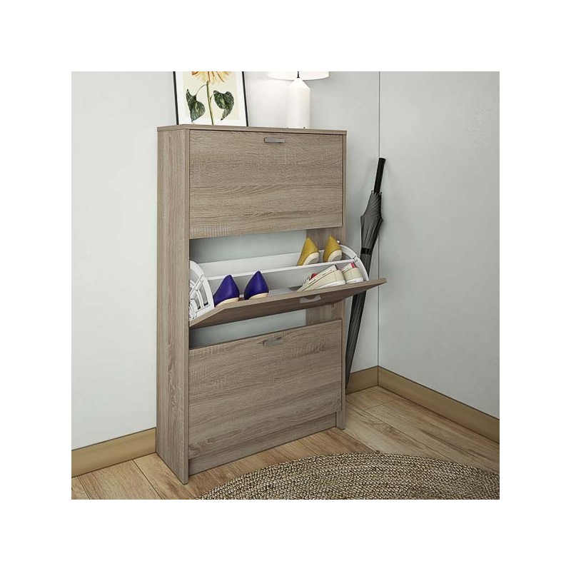 Zapatero Compacto Roble – Mueble con 3 Puertas y Doble Profundidad | MDF con Acabado Melamina | 70 x 25 x 120 cm