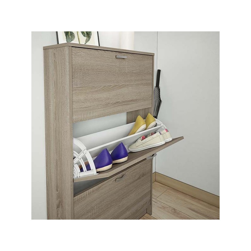 Zapatero Compacto Roble – Mueble con 3 Puertas y Doble Profundidad | MDF con Acabado Melamina | 70 x 25 x 120 cm
