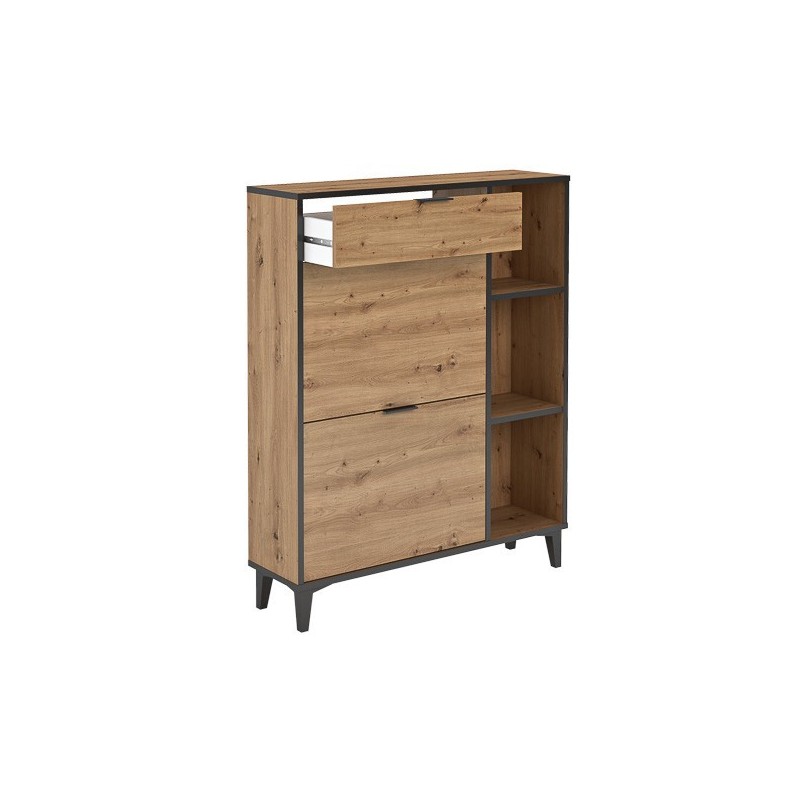 Mueble Zapatero de Entrada – 2 Puertas y 1 Cajón | Color Roble/Pizarra | 110 x 90 x 24,5 cm