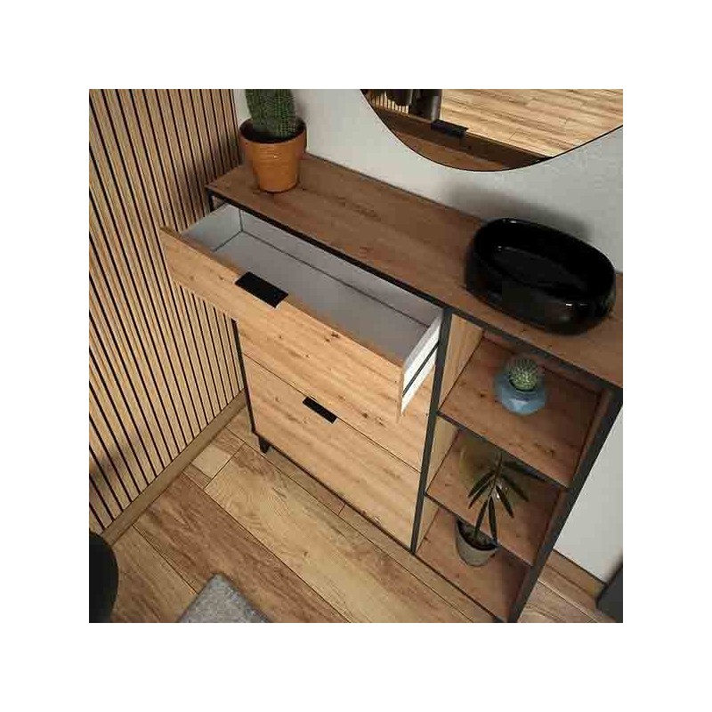 Mueble Zapatero de Entrada – 2 Puertas y 1 Cajón | Color Roble/Pizarra | 110 x 90 x 24,5 cm