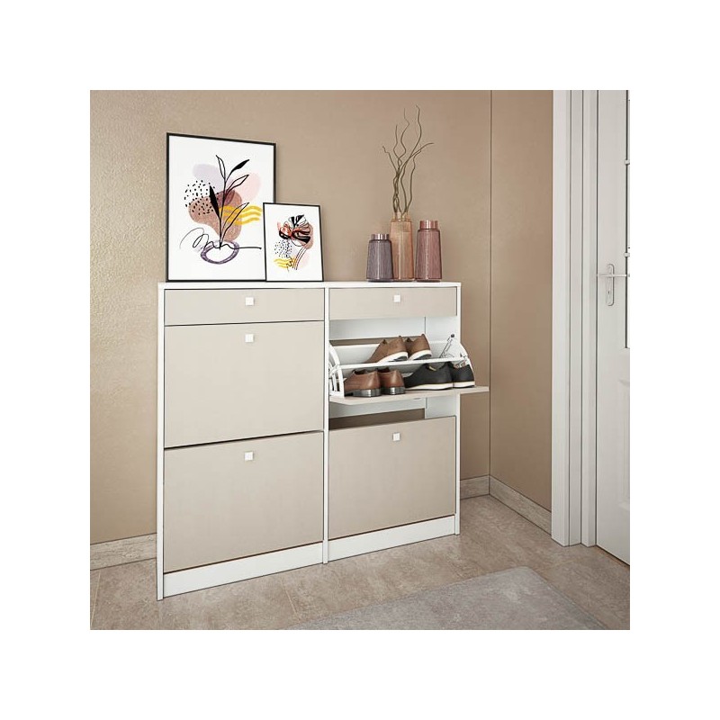 Mueble Zapatero con 4 Puertas y 2 Cajones | Acabado Blanco/Textil | 116,8 x 104,3 x 27 cm