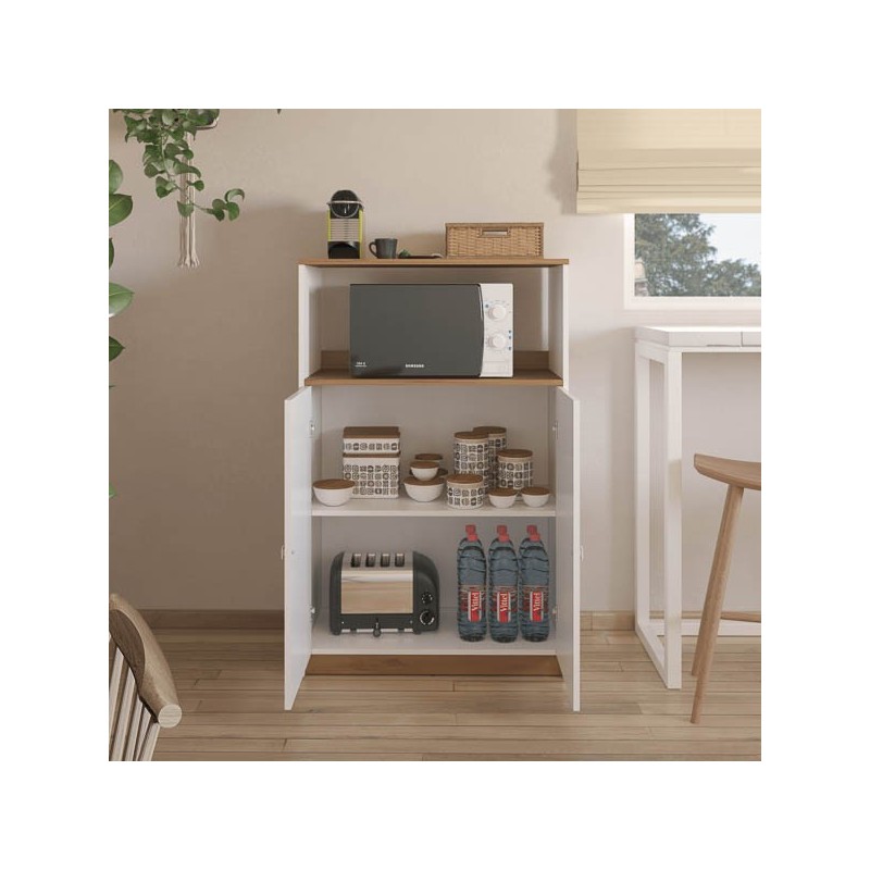 Mueble Auxiliar para Microondas | Color Blanco y Roble | 124 x 80 x 40 cm (alto x ancho x fondo)