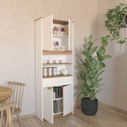 Armario Multiusos Tipo Buffet con 4 Puertas – Acabado Blanco y Roble – 180 x 67 x 29 cm (alto x ancho x fondo)