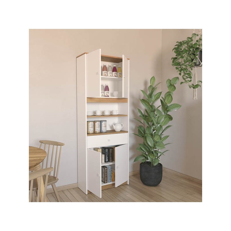 Armario Multiusos Tipo Buffet con 4 Puertas – Acabado Blanco y Roble – 180 x 67 x 29 cm (alto x ancho x fondo)