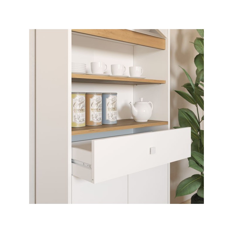 Armario Multiusos Tipo Buffet con 4 Puertas – Acabado Blanco y Roble – 180 x 67 x 29 cm (alto x ancho x fondo)