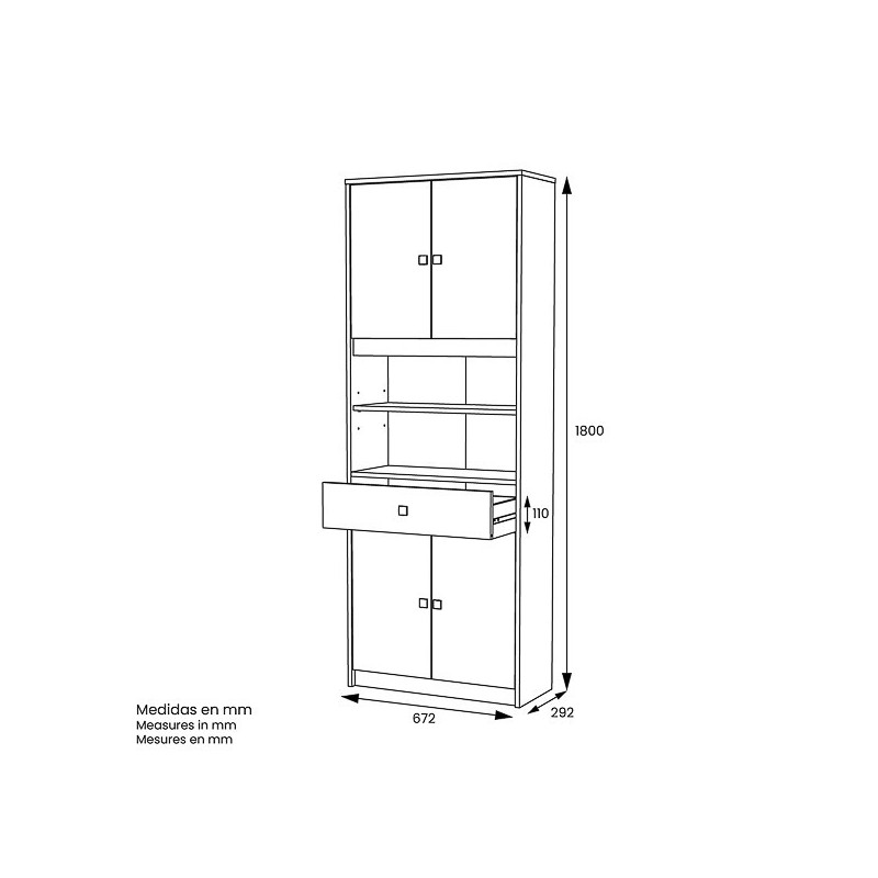 Armario Multiusos Tipo Buffet con 4 Puertas – Acabado Blanco y Roble – 180 x 67 x 29 cm (alto x ancho x fondo)