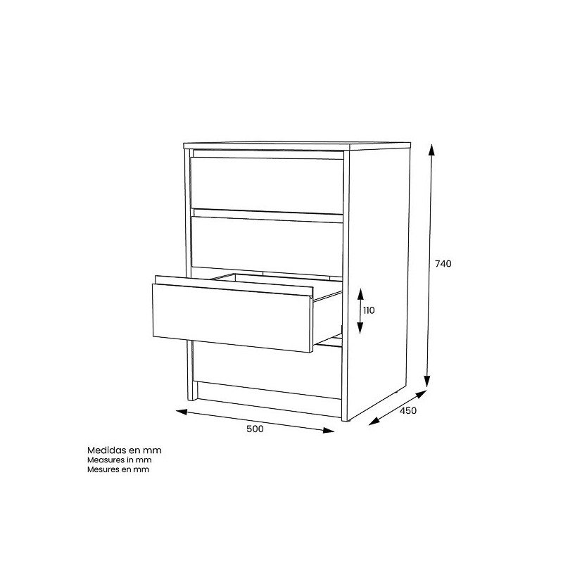 Cómoda Cajonera 4 cajones acabado en Color Roble. 74cm(alto) 50cm(ancho) 45cm(fondo)
