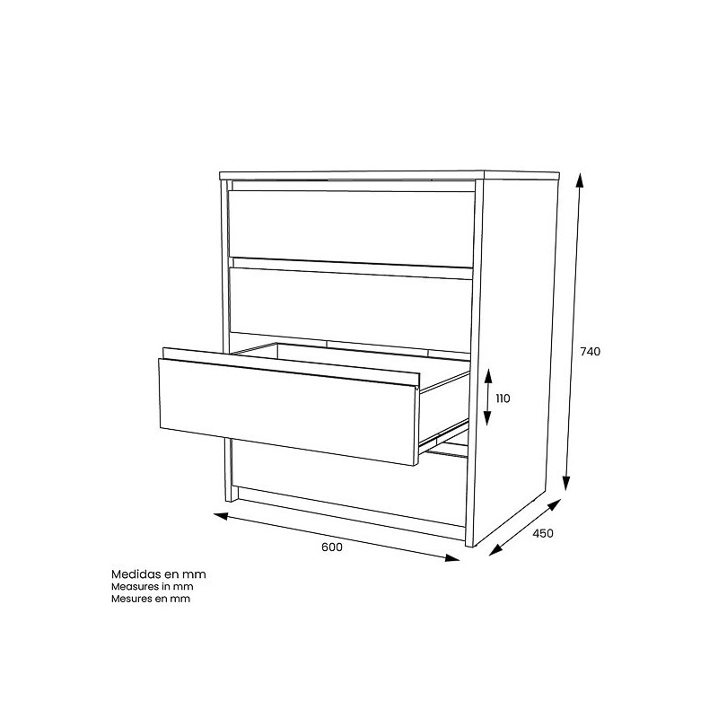 Cómoda Cajonera 4 cajones acabado en blanco. 74cm(alto) 60cm(ancho) 45cm(fondo)