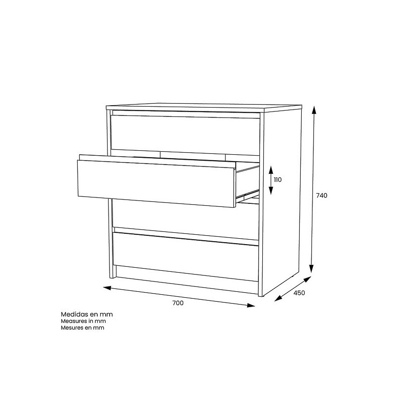 Cómoda Cajonera 4 cajones acabado en Color Roble. 74cm(alto) 70cm(ancho) 45cm(fondo)