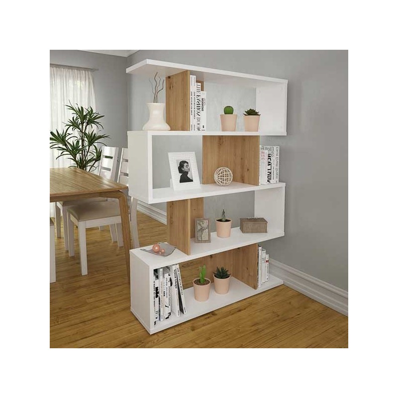 Estantería Salón, Librería, Color Blanco y Roble, Medidas: 152 cm (Alto) x 110 cm (Ancho) x 28,5 cm (Fondo