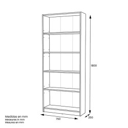Estantería Alta Salón, Librería, Color Blanco, Medidas: 180 cm (Alto) x 75 cm (Ancho) x 25 cm (Fondo)