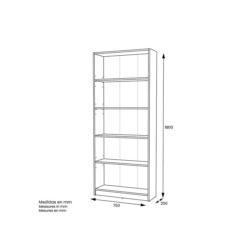 Estantería Alta Salón, Librería, Color Blanco, Medidas: 180 cm (Alto) x 75 cm (Ancho) x 25 cm (Fondo)