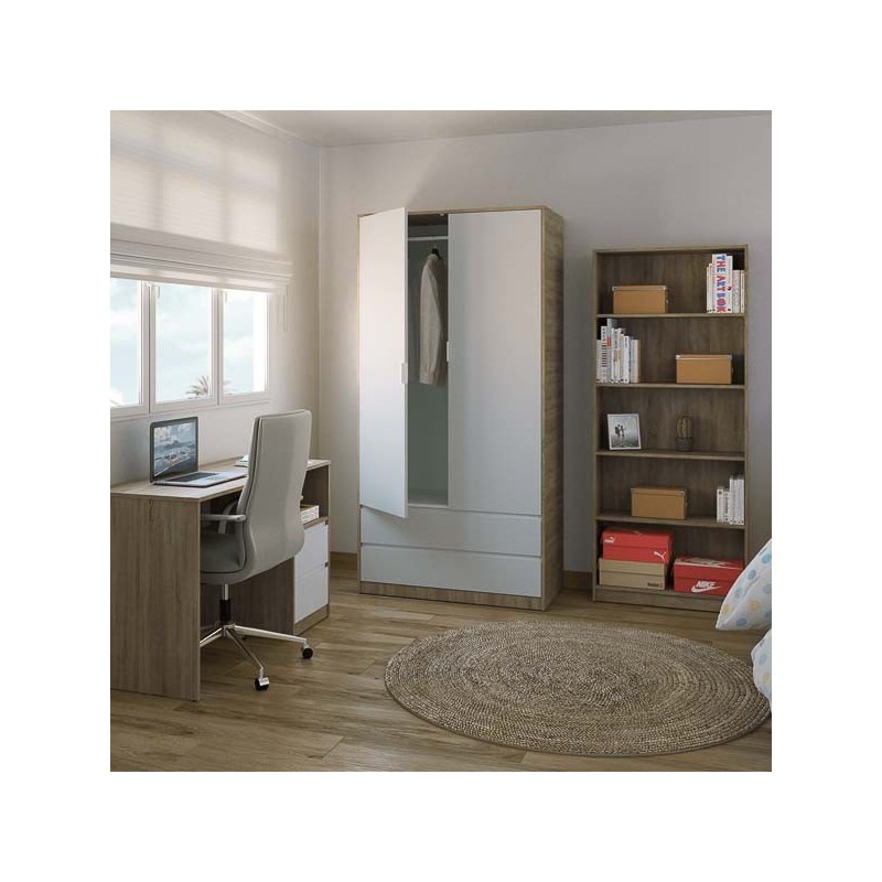 Escritorio de Oficina con 2 Cajones y 1 Estante, MDF Roble y Blanco, 120x50x75 cm - Moderno y Funcional