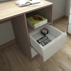 Escritorio de Oficina con 2 Cajones y 1 Estante, MDF Roble y Blanco, 120x50x75 cm - Moderno y Funcional