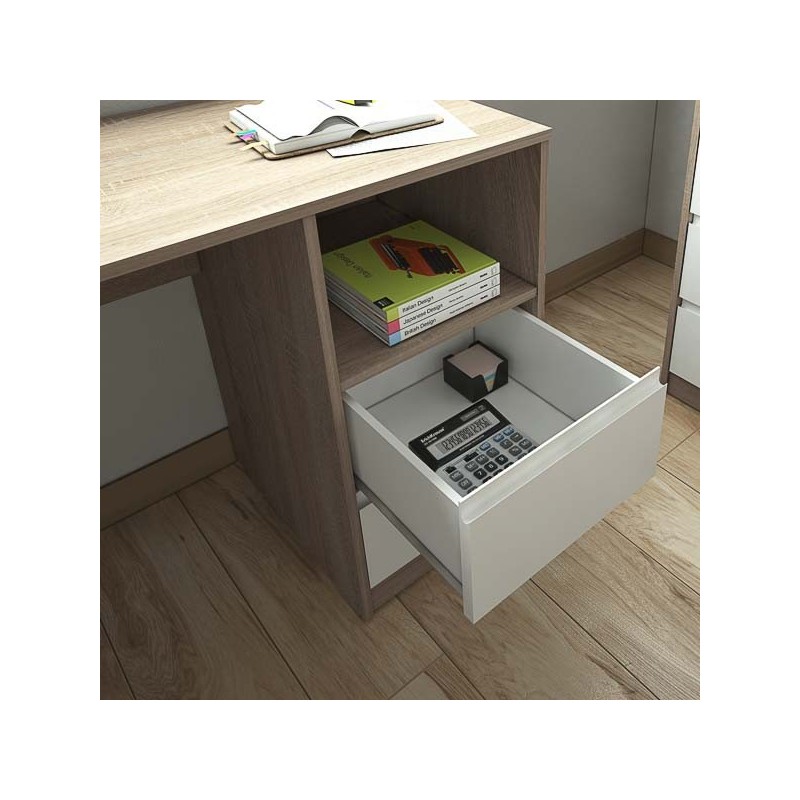 Escritorio de Oficina con 2 Cajones y 1 Estante, MDF Roble y Blanco, 120x50x75 cm - Moderno y Funcional