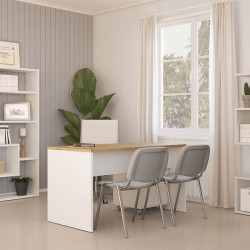 Mesa de Escritorio 138 Cm de ancho con patas de Madera Blanca y tapa Color Roble 67x75x138 Cm