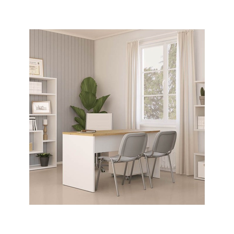 Mesa de Escritorio 138 Cm de ancho con patas de Madera Blanca y tapa Color Roble 67x75x138 Cm