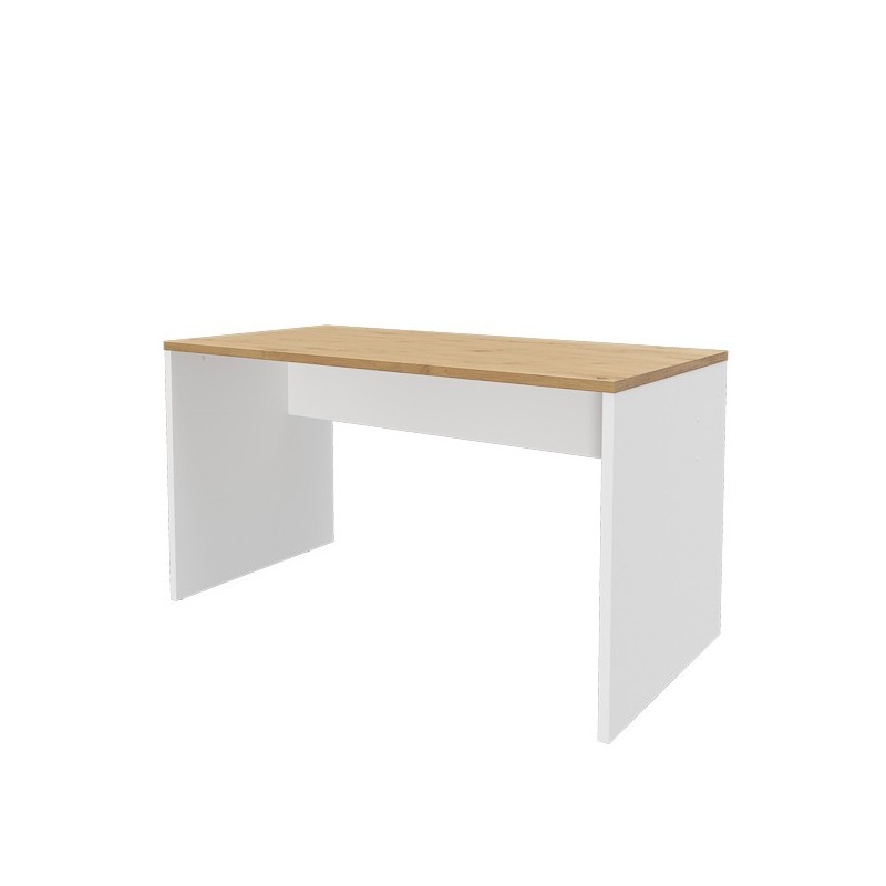 Mesa de Escritorio 138 Cm de ancho con patas de Madera Blanca y tapa Color Roble 67x75x138 Cm