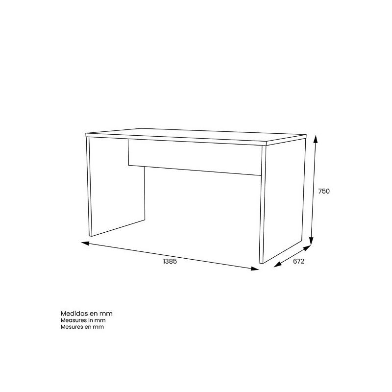 Mesa de Escritorio 138 Cm de ancho con patas de Madera Blanca y tapa Color Roble 67x75x138 Cm