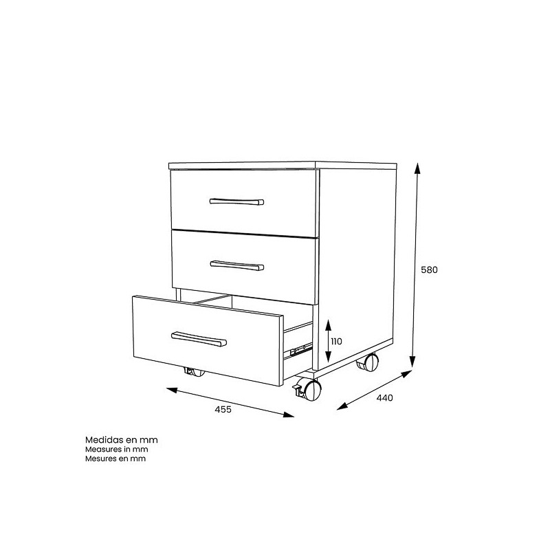 Cajoneras Para escritorio con ruedas 3 Cajones color blanco 58 x 45 x 44 Cm (alto x ancho x fondo)