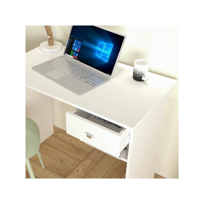 Mesa de Escritorio y Trabajo en Color Blanco, 90x50x74cm - Con Cajón y Estante para Oficina o Estudio