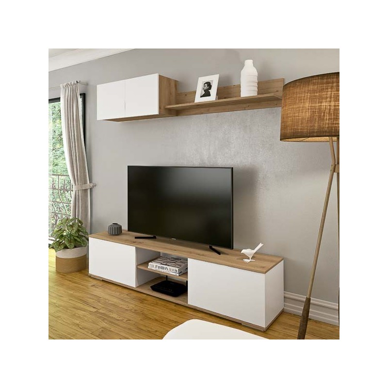 Mueble Salón Comedor 2 Módulos y 1 Estantería con puertas Color Blanco Y roble Estilo Moderno 180x80x40 Cm