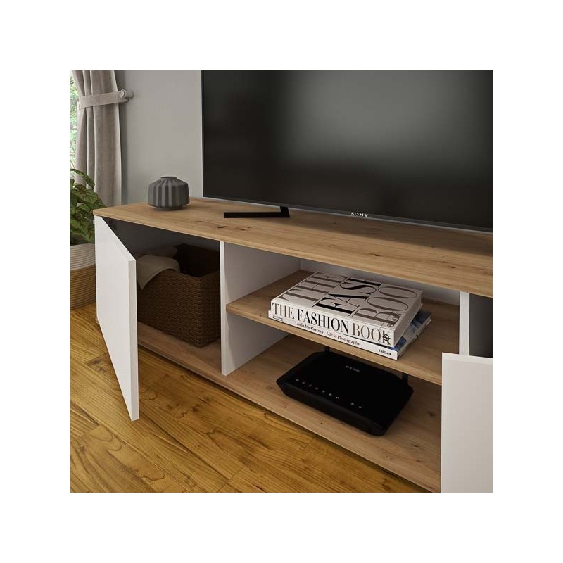 Mueble Salón Comedor 2 Módulos y 1 Estantería con puertas Color Blanco Y roble Estilo Moderno 180x80x40 Cm