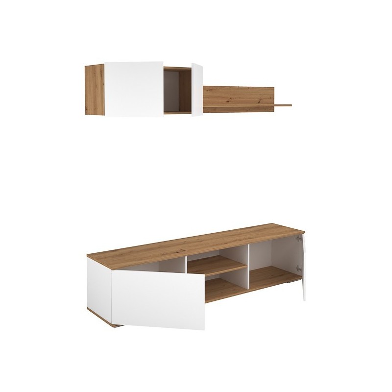 Mueble Salón Comedor 2 Módulos y 1 Estantería con puertas Color Blanco Y roble Estilo Moderno 180x80x40 Cm