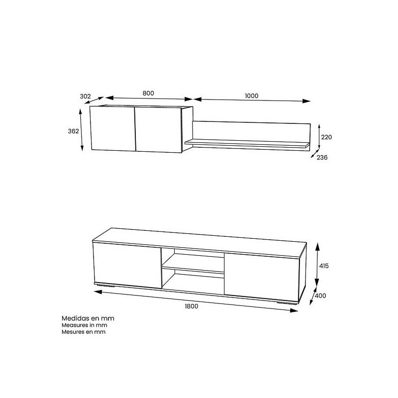 Mueble Salón Comedor 2 Módulos y 1 Estantería con puertas Color Blanco Y roble Estilo Moderno 180x80x40 Cm
