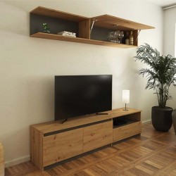 Mueble de TV de Diseño + Modulo Alto de Almacenamiento y 2 Puertas,Roble y Gris 85 cm(Alto) x 200cm (Ancho) x 40cm (Fondo)