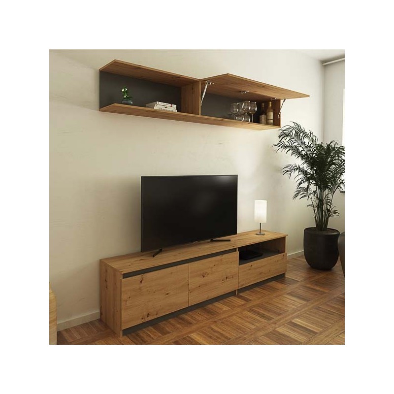 Mueble de TV de Diseño + Modulo Alto de Almacenamiento y 2 Puertas,Roble y Gris 85 cm(Alto) x 200cm (Ancho) x 40cm (Fondo)