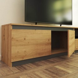 Mueble de TV de Diseño + Modulo Alto de Almacenamiento y 2 Puertas,Roble y Gris 85 cm(Alto) x 200cm (Ancho) x 40cm (Fondo)