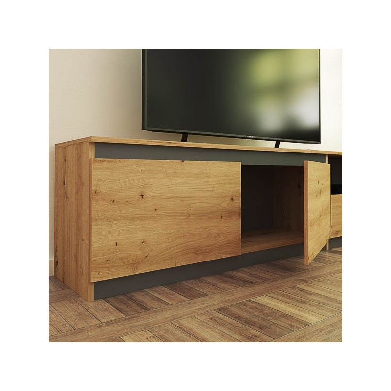 Mueble de TV de Diseño + Modulo Alto de Almacenamiento y 2 Puertas,Roble y Gris 85 cm(Alto) x 200cm (Ancho) x 40cm (Fondo)