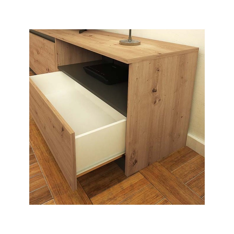 Mueble de TV de Diseño + Modulo Alto de Almacenamiento y 2 Puertas,Roble y Gris 85 cm(Alto) x 200cm (Ancho) x 40cm (Fondo)