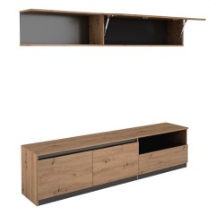 Mueble de TV de Diseño + Modulo Alto de Almacenamiento y 2 Puertas,Roble y Gris 85 cm(Alto) x 200cm (Ancho) x 40cm (Fondo)