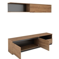 Mueble de TV de Diseño + Modulo Alto de Almacenamiento y 2 Puertas,Roble y Gris 85 cm(Alto) x 200cm (Ancho) x 40cm (Fondo)