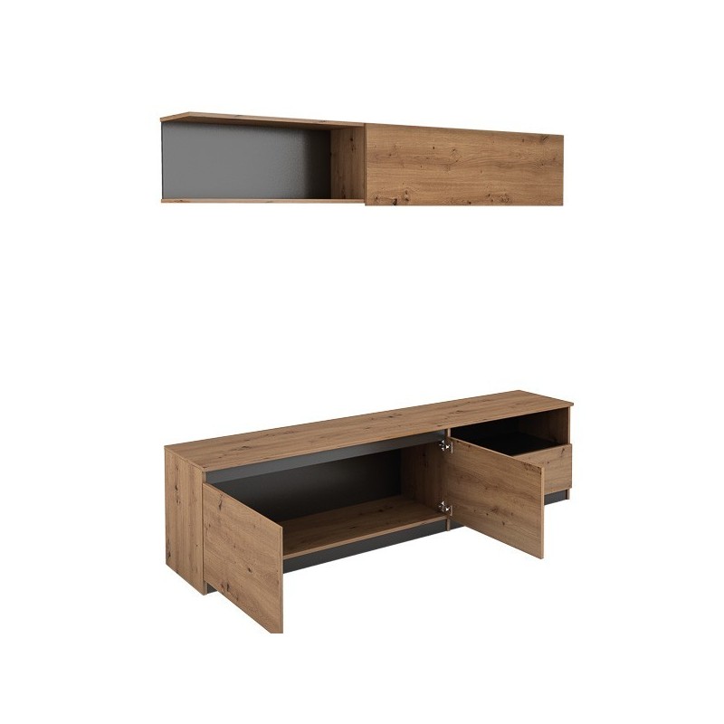 Mueble de TV de Diseño + Modulo Alto de Almacenamiento y 2 Puertas,Roble y Gris 85 cm(Alto) x 200cm (Ancho) x 40cm (Fondo)