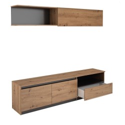 Mueble de TV de Diseño + Modulo Alto de Almacenamiento y 2 Puertas,Roble y Gris 85 cm(Alto) x 200cm (Ancho) x 40cm (Fondo)