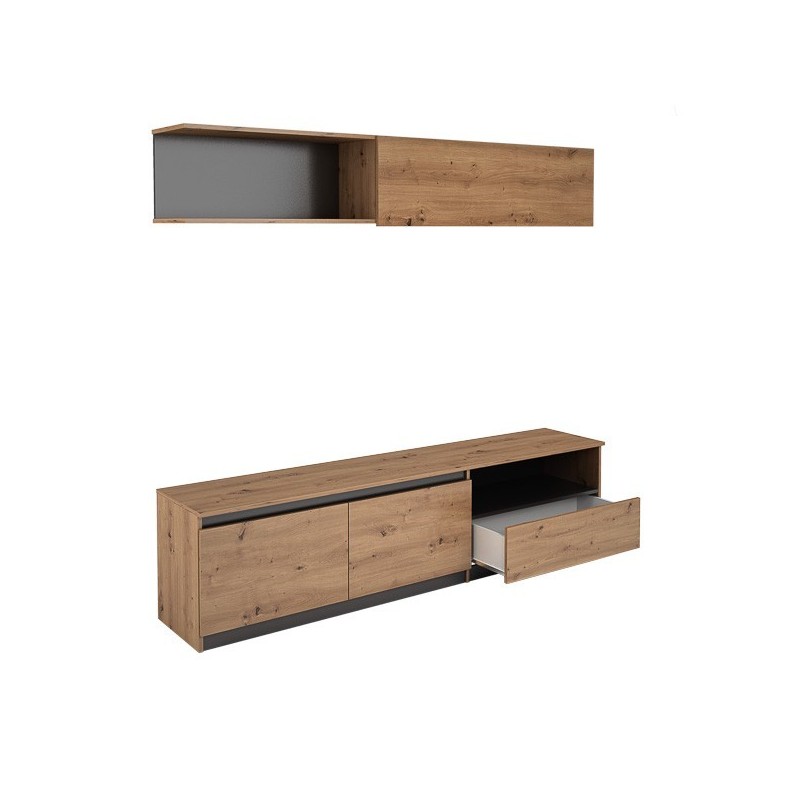 Mueble de TV de Diseño + Modulo Alto de Almacenamiento y 2 Puertas,Roble y Gris 85 cm(Alto) x 200cm (Ancho) x 40cm (Fondo)