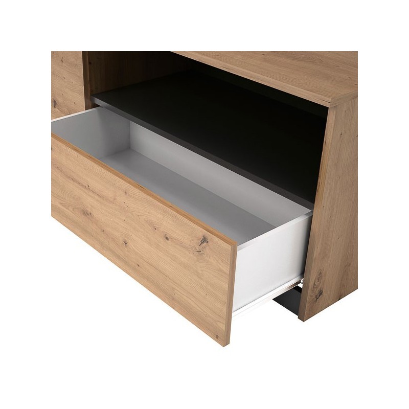 Mueble de TV de Diseño + Modulo Alto de Almacenamiento y 2 Puertas,Roble y Gris 85 cm(Alto) x 200cm (Ancho) x 40cm (Fondo)