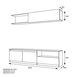 Mueble de TV de Diseño + Modulo Alto de Almacenamiento y 2 Puertas,Roble y Gris 85 cm(Alto) x 200cm (Ancho) x 40cm (Fondo)
