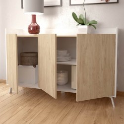 Aparador, Buffet, Salón Comedor 3 Puertas, Armario Auxiliar Color Blanco y Roble, Medidas: 140x87x40 Cm