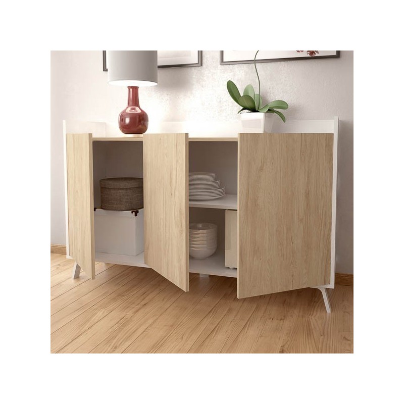 Aparador, Buffet, Salón Comedor 3 Puertas, Armario Auxiliar Color Blanco y Roble, Medidas: 140x87x40 Cm