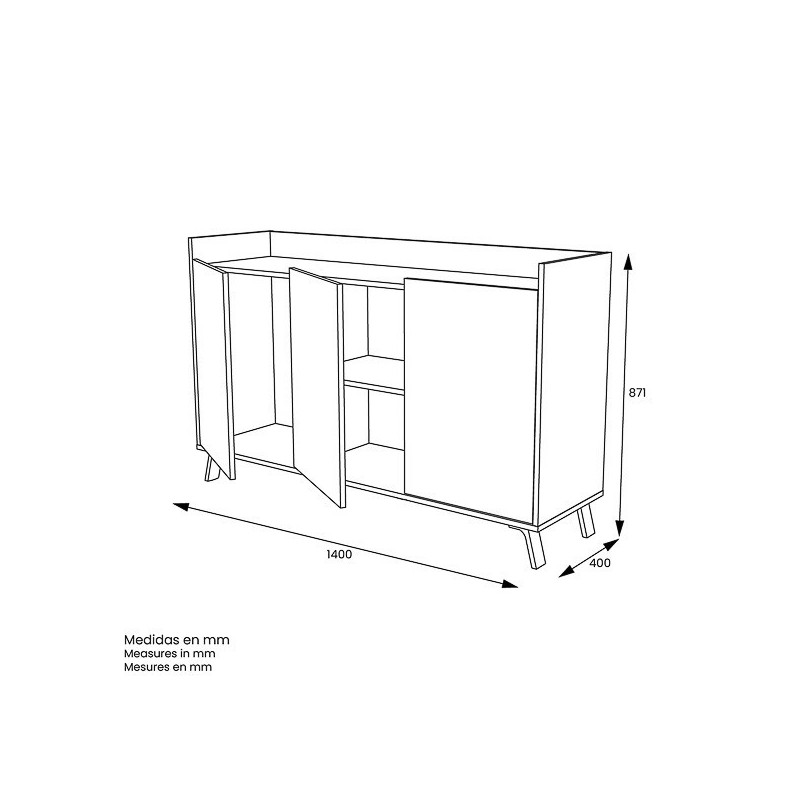 Aparador, Buffet, Salón Comedor 3 Puertas, Armario Auxiliar Color Blanco y Roble, Medidas: 140x87x40 Cm