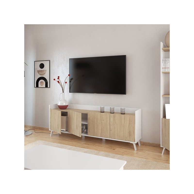 Aparador, Mueble Tv, Salón Comedor 4 Puertas, Armario Auxiliar Color Blanco y Roble, Medidas: 180x63x33,5 Cm